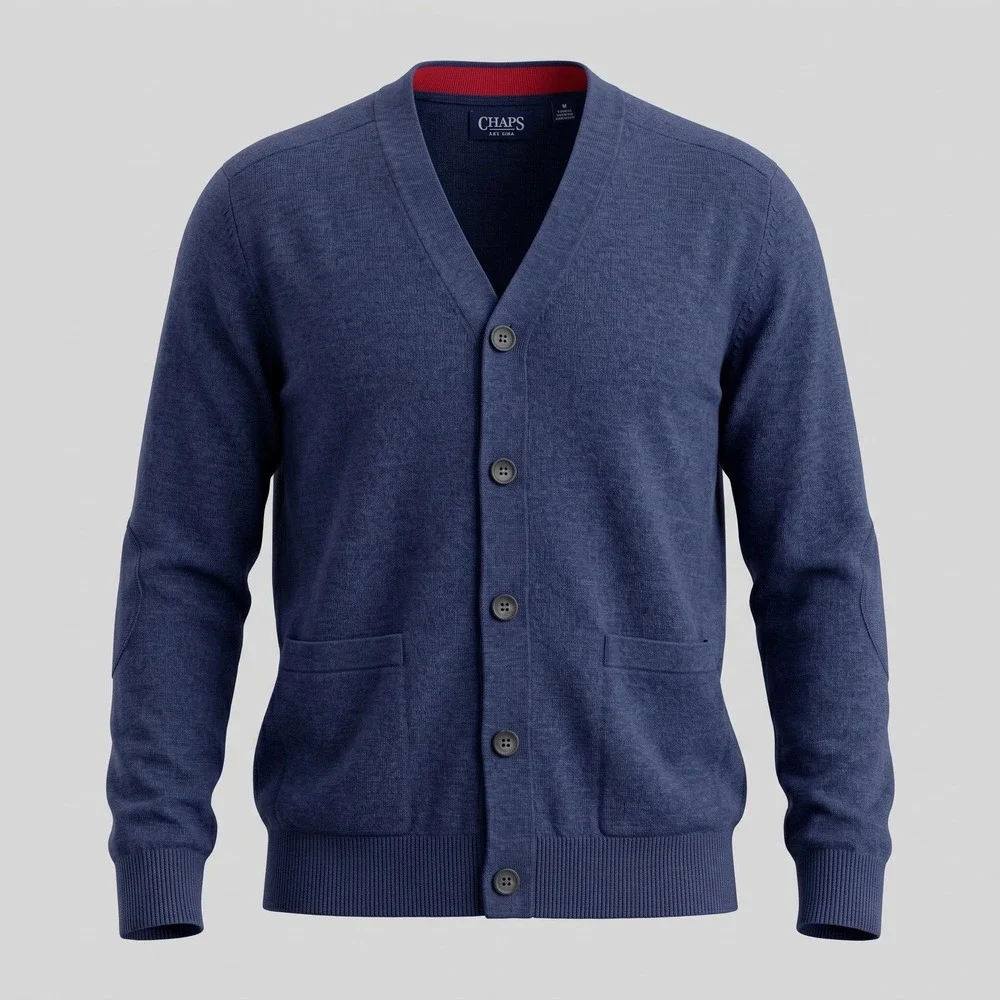 Chaps Mens Medium Navy Blue Cardigan Sweater Button Front Cotton Elbow Patch